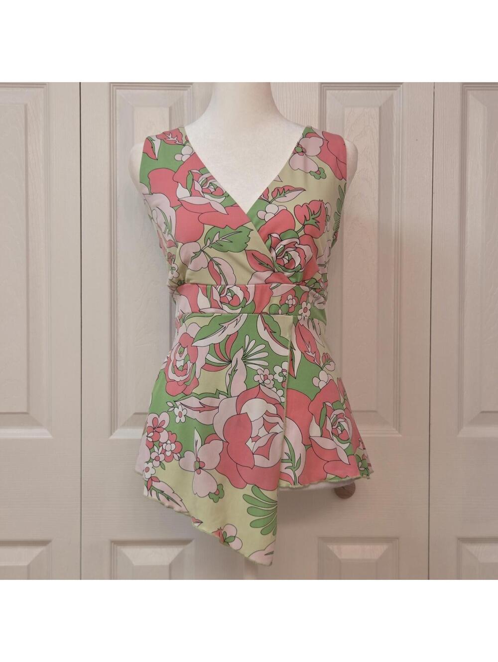Vintage Y2K Groovy Floral Babydoll Tank Top Blouse Retro Mod 60s 70s Green Pink